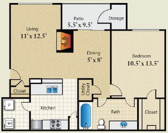 A floor plan of a house with a living room, dining room, kitchen, bedroom, bathroom, utility closet, and storage area.