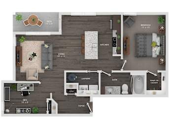 A floor plan of a house with a living room, kitchen, and bathroom.