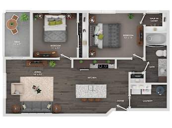A floor plan of a house with a living room, kitchen, bedroom, bathroom, and laundry room.