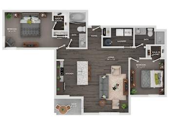 A floor plan of a two-bedroom apartment with a kitchen, living room, and bathroom.