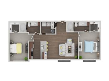 A floor plan of a small apartment with a kitchen, living room, and two bedrooms.