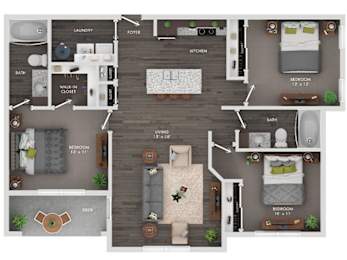 A floor plan of a house with a living room, kitchen, two bedrooms, a bathroom, a laundry room, and a deck.