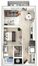 a bedroom floor plan with a bathroom and a living room
