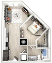 a stylized floor plan of a bedroom with a bed and a closet