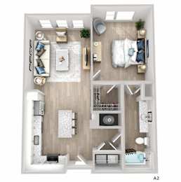 A 3D floor plan of a small apartment with a living room, kitchen, bedroom, and bathroom.