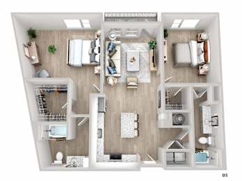 A top-down view of a well-organized apartment with a living room, kitchen, and bedrooms.