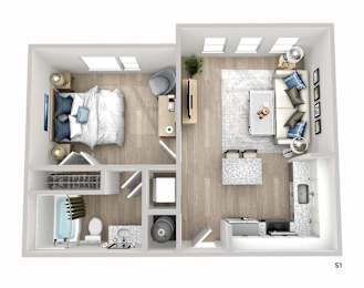 A top-down view of a well-furnished bedroom and bathroom.
