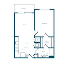 A floor plan of an apartment with a living room, kitchen, bathroom, and bedroom.