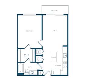 A floor plan of a small apartment with a bedroom, living room, kitchen, bathroom, and walk-in closet.