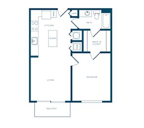 A floor plan of a house with a living room, bedroom, kitchen, and bathroom.