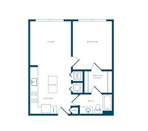 A floor plan of a small apartment with a living room, bedroom, kitchen, bathroom, and walk-in closet.