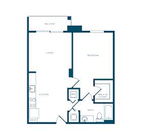 A floor plan of a house with a living room, kitchen, pantry, bedroom, and bathroom.