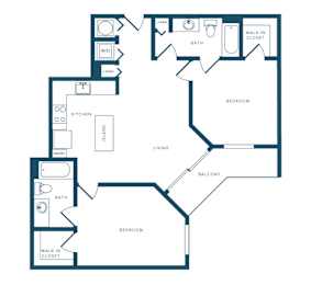 A floor plan of a house with two bedrooms, a living room, a kitchen, a balcony, a walk-in closet, and a pantry.