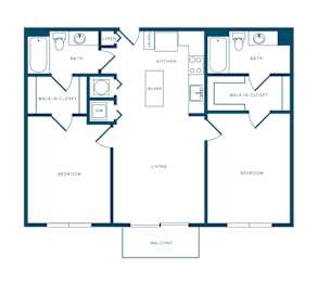 A floor plan of a house with two bedrooms, a living room, a kitchen, a bathroom, a laundry area, a walk-in closet, and an island.