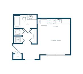 A floor plan of a small apartment with a living room, kitchen, and bathroom.