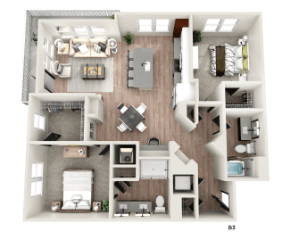 a 3d floor plan of a bedroom with a bathroom and a living room