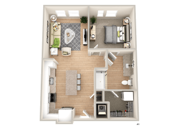a 3d rendering of a bedroom floor plan with a bathroom and a living room