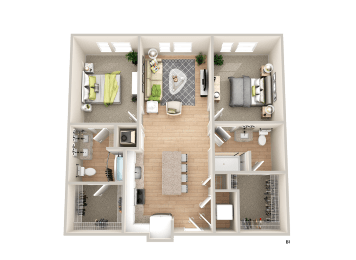 a 3d floor plan of a bedroom with a bathroom and a living room