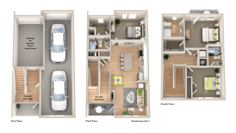 3d floor plan of a house with bedrooms and a garage