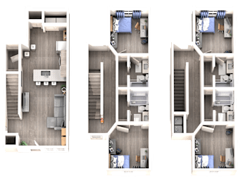 Three different layouts of a room with furniture and appliances.