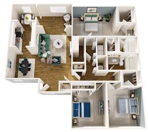 A top down view of a house interior with a living room, dining room, kitchen, and bedrooms.