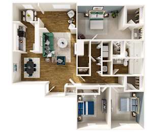 A top-down view of a small apartment with a kitchen, living room, and bathroom.