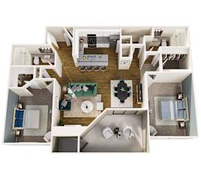 A top down view of a small apartment with a kitchen, living room, and bathroom.
