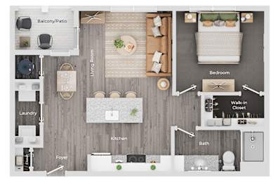 A floor plan of a house showing a living room, kitchen, bedroom, and bathroom.