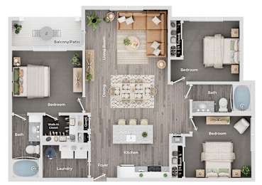 A floor plan of a house showing a living room, dining room, kitchen, and multiple bedrooms.