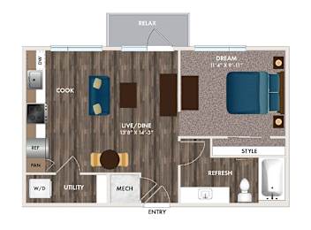 A floor plan of a small apartment with a living room, kitchen, and bathroom.