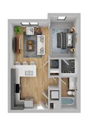 A top-down view of a modern apartment layout with a kitchen, living room, and bathroom.