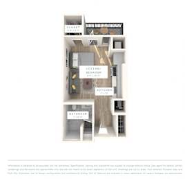 A floor plan of an apartment with a living room, kitchen, and bathroom.