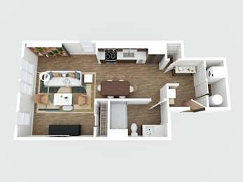 A top-down view of a modern living room with a sofa, coffee table, and television.