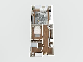 A top-down view of a kitchen with a dining table and chairs.