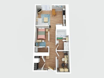 A top down view of a small apartment with a kitchen, living room, and bedroom.
