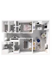 A white model of a house with a kitchen, living room, and bathroom.