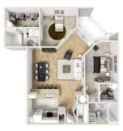 A top-down view of a small apartment with a kitchen, living room, and bedroom.