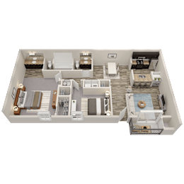 A 3D floor plan of a house with a pool.