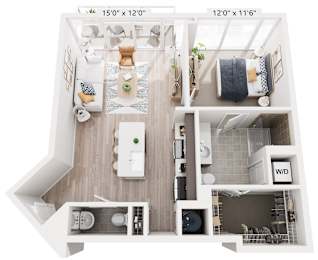A diagram of a small apartment layout with a living room, kitchen, and bathroom.