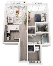 A floor plan of a small apartment with a living room, kitchen, and bathroom.