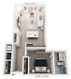 A 3D floor plan of a small apartment with a kitchen, living room, and bathroom.