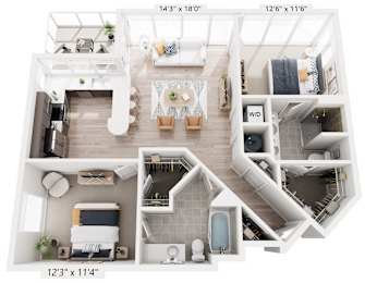 A 3D floor plan of a house with a living room, kitchen, and bathroom.