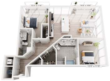 A floor plan of a two-bedroom apartment with a living room, kitchen, and bathroom.