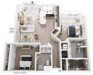 A floor plan of a small apartment with a kitchen, living room, and bathroom.