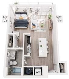 A top-down view of a small apartment with dimensions labeled.