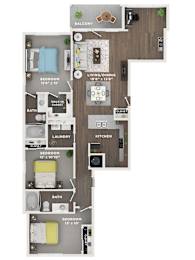 A floor plan of an apartment with three bedrooms, a living area, a kitchen, a laundry room, and a walk-in closet.