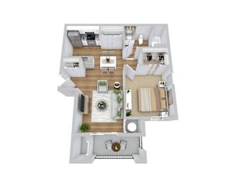 A top-down view of a modern, well-furnished apartment.
