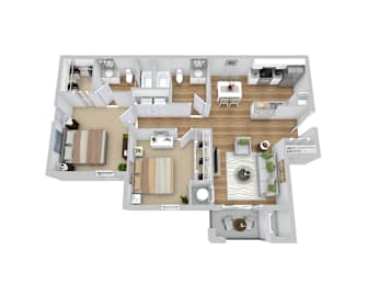 A top-down view of a house interior with a kitchen, living room, and dining area.