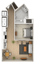 A floor plan of a house with a kitchen, living room, dining room, and bathroom.