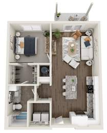 A top-down view of a small apartment with a kitchen, living room, and bathroom.